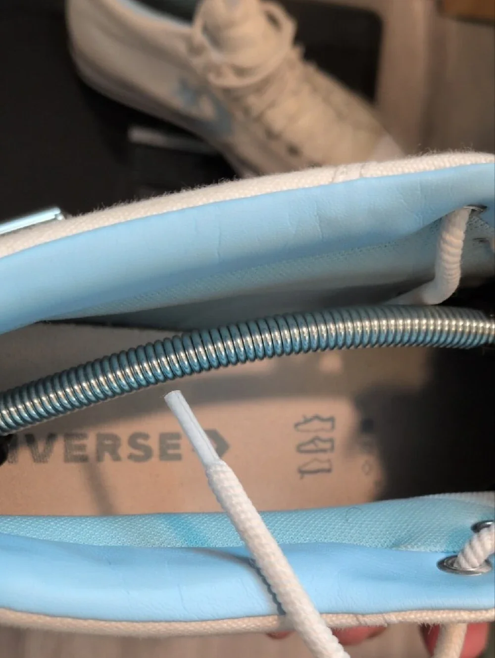 Converse White Mid Tops with Light Blue Accents